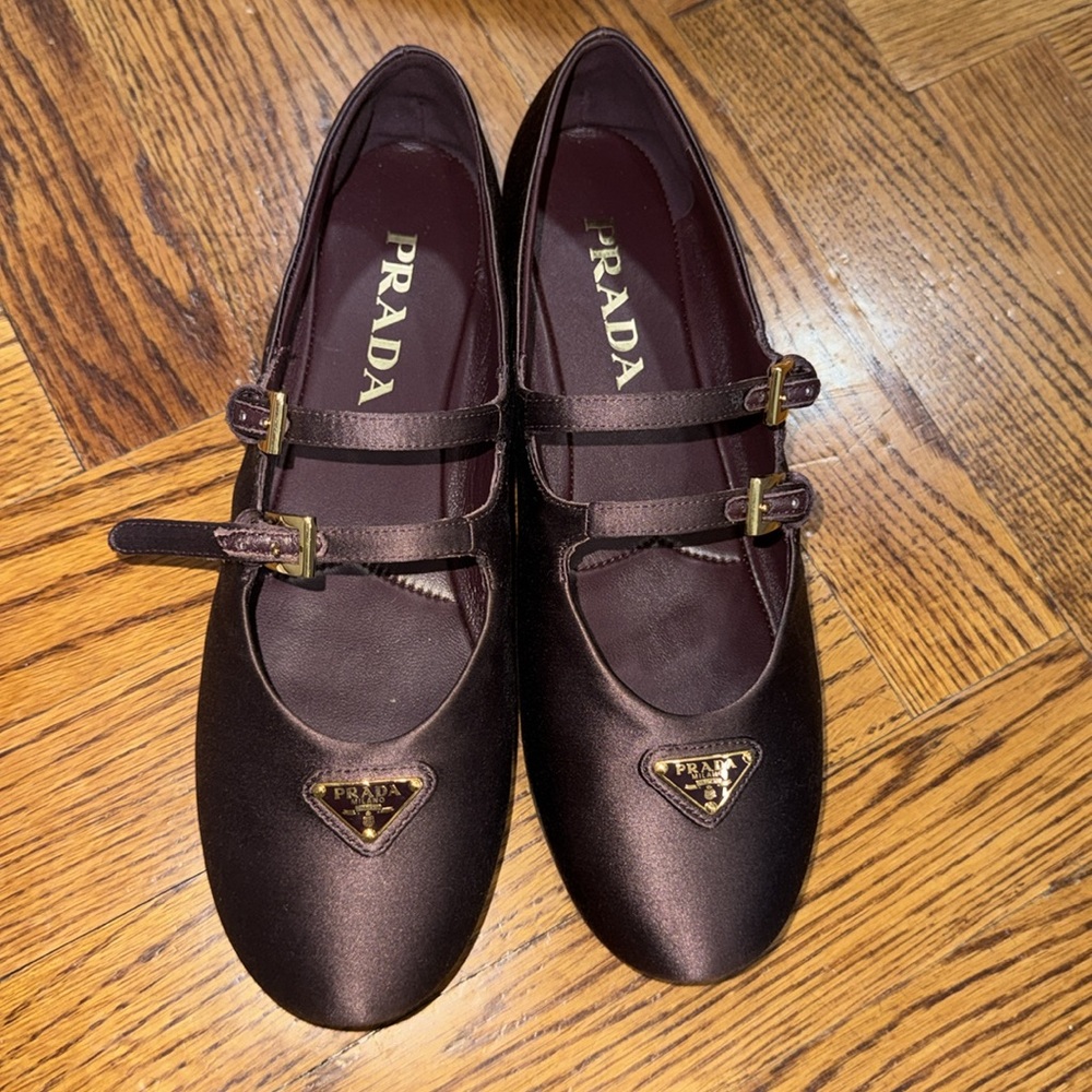 Prada Burgundy Satin Double-Strap Mary Jane Flats Gold Logo 36.5 authentic nib - Picture 6 of 11